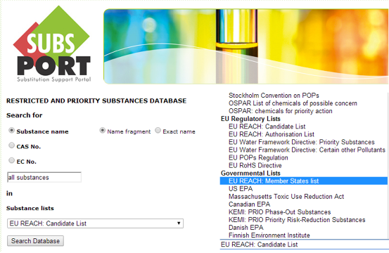 SUBSPORT Restricted and Priority Substances Database